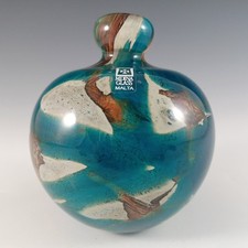 SIGNED Mdina Vintage 'Tiger' Blue & Brown Glass Bottle Vase