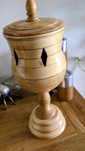 Hand carved turned wooden - , pot