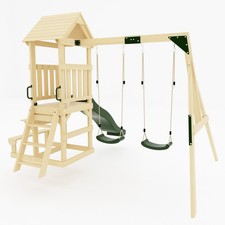 GALACTICA Outdoor Wooden Swing and Slide Set, 2 Kids Seats, Built-in Desk Bench