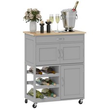 HOMCOM Rolling Kitchen Island Trolley Storage Cart w/ Rubberwood Top, Grey