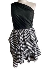 New Forever Unique Black White One Shoulder Striped Ruffle dress 8-10