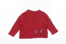Feu Follet Boys Red Cotton Blend Basic T-Shirt Size 6-9 Months Round Neck