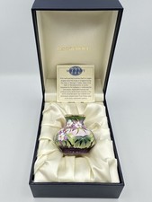Boxed Moorcroft enamel bulbous vase in the Aquilegia pattern by Sandra Dance