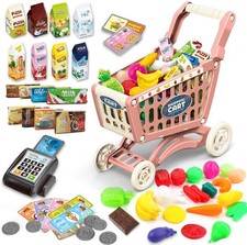 deAO Kids Shopping Cart Trolley Toys, 65 PCS Supermarket Playset Cart with Food