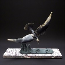 ART DECO 1930s French Spelter & Marble Sculpture FLYING BIRD