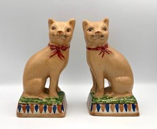 Staffordshire-Style Cats x 2 Ceramic Seated Mantle Cat Figurines Red Bows
