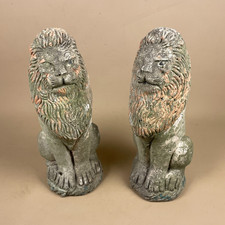 Pair of Weathered Garden Concrete Lions Lion Antique Ornament Statue Sculpture