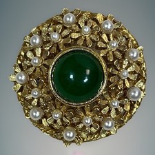 Green Domed Brooch Vintage Glass Cabochon Daisy Flower Faux Pearl Round