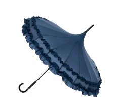 Walking Umbrella Ladies Navy Frill Pagoda Wedding Occasion Fashion SOAKE NEW