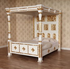 Four Poster Bed | White & Gold | Tudor Style | Handcarved Detail  4'6" 5' 6' NEW