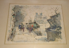 OLD BEAUTIFUL PAINTING PARIS SCENE FLOWER MERCHANT 1950 WATERCOLOR Signed