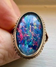 Large Black Opal Australian Lightning Ridge 9ct Gold Vintage Ring Fire 9k 