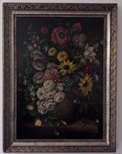 Large antique oil painting canvas laid on board Flemish Flowers framed
