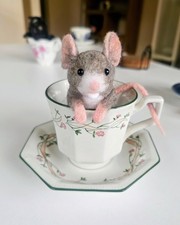 Whimsical Needle Felted  Field Mouse In Teacup, Wool Gift Woodland Animal Rodent
