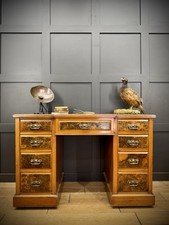 Antique Beech Twin Pedestal Desk with Faux Walnut Drawers & Red Leather Top
