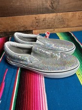New Womens Vans Classic Slip On Micro Sequins Silver White Shoe Trainer Size 7.5