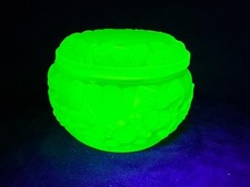 Uranium Glass Fruit Trinket Dish in Frosted Vaseline Czech Pattern New Glows