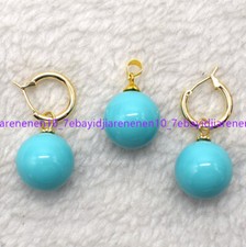 Natural 14mm Blue Turquoise South Sea Shell Pearl Round Bead Pendant Earring Set