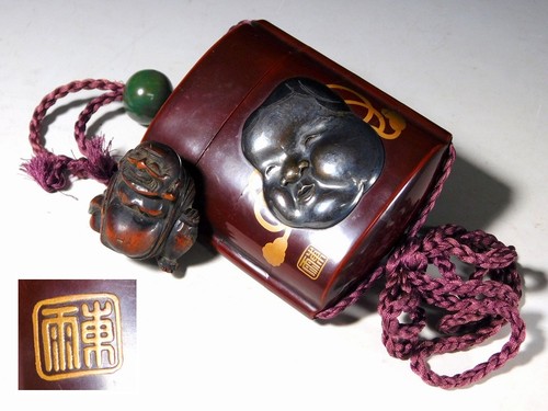 Signed inro tengu - signed, okame