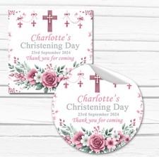 Personalised Christening Stickers Baptism Favours Labels Pink Cross Flowers