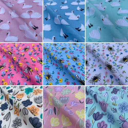 Polycotton floral bees comic - floral,
