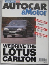 Autocar magazine 7 November 1990 featuring Lotus Carlton, BMW Z1, Panther Solo