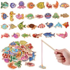 15 Pcs Magnetic Fishing Game for Kids Wooden Fish Educational Toys Wood Magnet