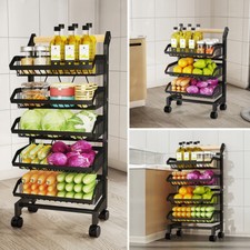 Rolling 3/4/5 Tiers Kitchen Trolley Vegetable Fruit Holder Rack w/Wooden Handle