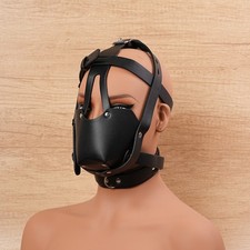 PU Leather Trainer Head Hood Mask Open Mouth Panel Gag Bondage Head Harness BDSM