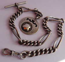 Antique 49.6g solid silver fancy link pocket watch albert chain & silver fob