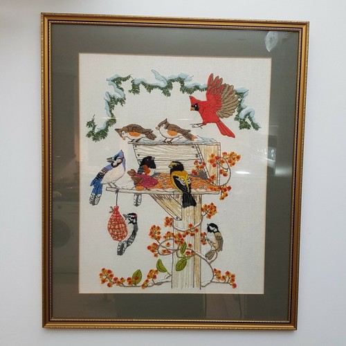 Birds feeding vintage crewel - feeding,