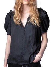 Zadig & Voltaire Twitty Satin Puff Sleeve Blouse Ruffle Dark Romantic Classic