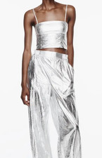 ZARA METALLIC SILVER FOIL  CROPPED  BANDEAU  BUSTIER TOP SIZE SMALL
