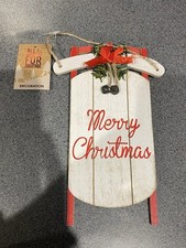 Merry Christmas wooden sleigh Ornament with Holly and Bells Happy Holidays