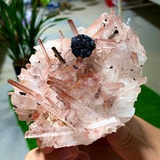 305G  Natural Green tourmaline with specularite quartz crystal cluster mineral