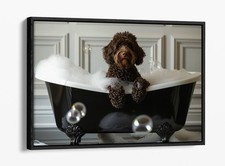 CUTE CHOCOLATE LABRADOODLE IN BATHTUB FLOAT EFFECT FRAME CANVAS ART PIC PRINT