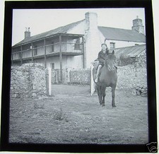 Glass Magic Lantern Slide YOUNG GIRL ON A PONY C1910  