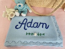 Personalised hand embroidered Name Knitted Blanket baby Boy/Girl Nursery Gift