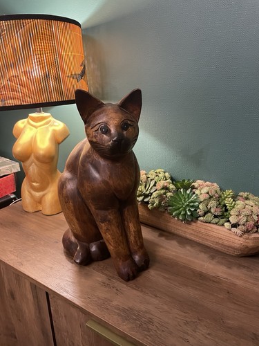 Wooden carved cat sculpture - wooden,