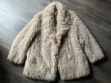 H&M Faux Fur Coat Jacket soft cosy Nude Beige Blonde M L uk 12 14 16 Xmas Party