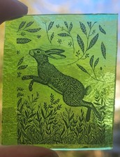 Stained glass Hare permanently kiln fired piece leaping hares green glass