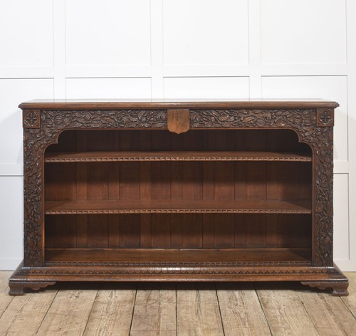 Carved oak open bookcase - open, |