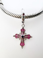 Vintage Cross Dangle Charm Pink Pendant Crucifix Genuine 925 Sterling Silver 💖