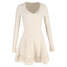 Alaïa Knitted Laser Cut Detailed Mini Dress in Cream Wool