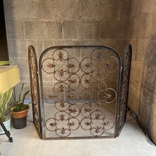 Vintage Folding Fire Guard 2 Panel Patinated Iron Fleur de Lys 30 Inch Tall