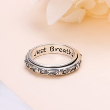 Sterling Silver"Just Breathe"Lotus Flowers Anxiety Relief Spinning Fidget Ring U