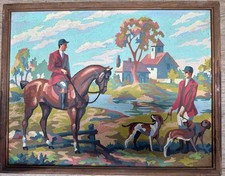 Vintage Equestrian Hunting Scene Painting with Dogs and Horse, Framed 42*33