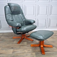 Retro Mid Century Swivel Armchair & Footstool - Leather Danish Vintage Chair