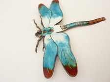 Huge antique sterling silver guilloche enamel dragonfly brooch multicolour 925