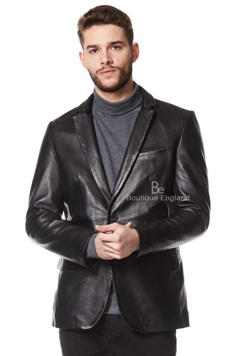 Men leather blazer black - blazer,